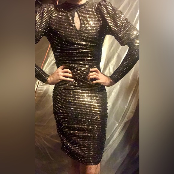 Hand made black cocktail/party dress adorned with copper coloured sequins. - Picture 2 of 5